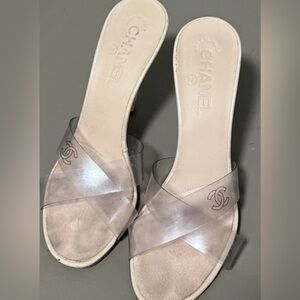 Chanel Clear PVC Cross-Strap Mule Sandals Lucite Heel Size 38 Open Toe Italy